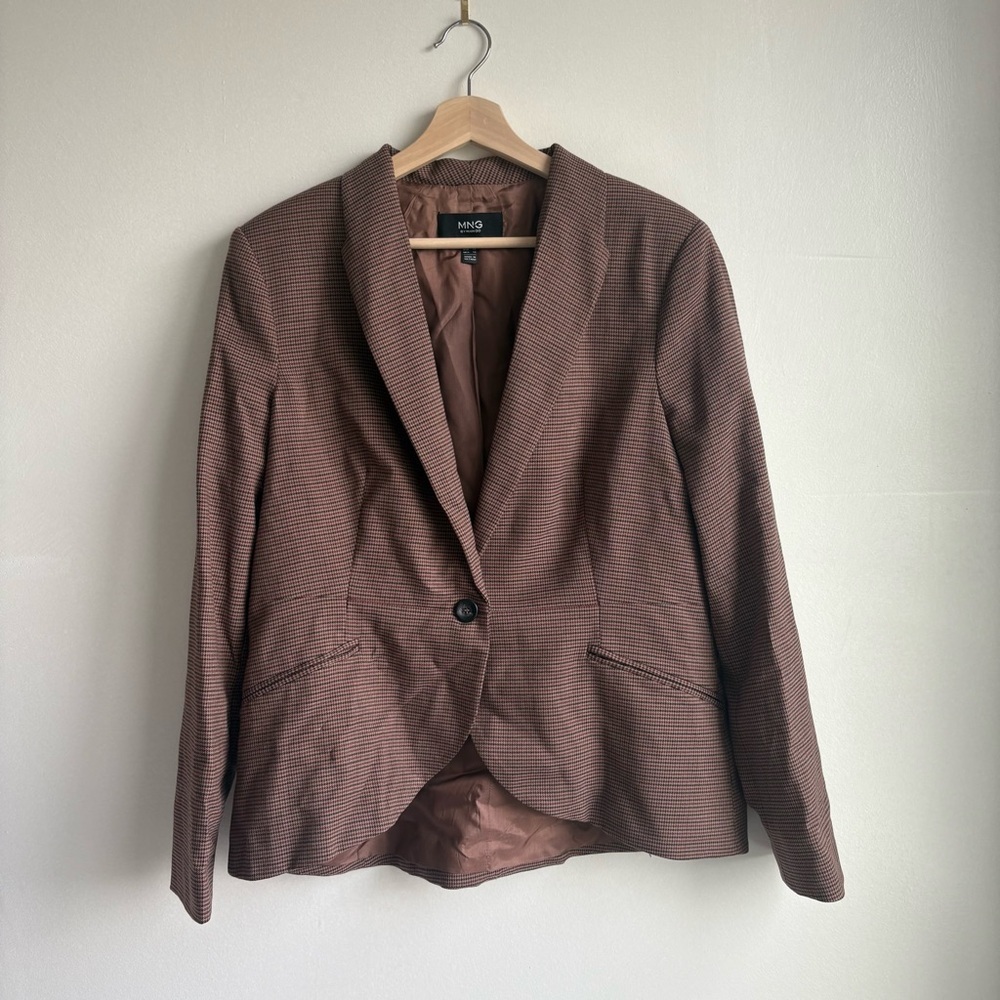 MANGO Brown Check Blazer Jacket Button Closure Women’s Size 14